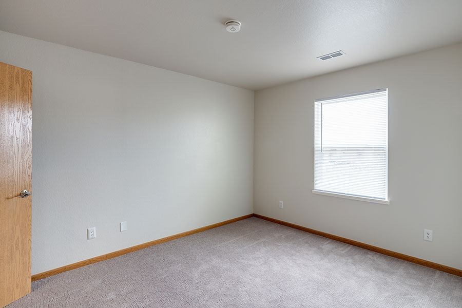 A room with a carpeted floor, a window with blinds, and a wooden door.