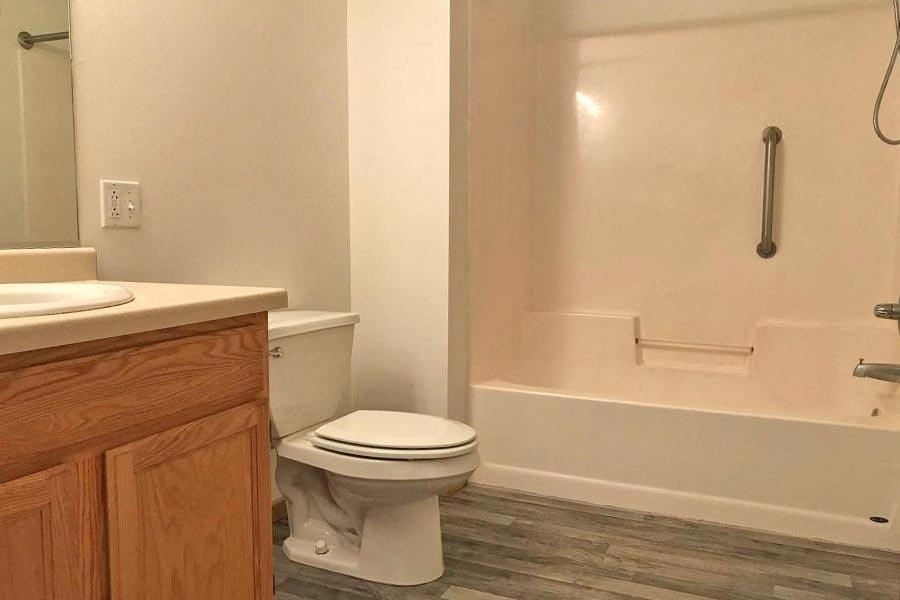 a bathroom with a toilet and a tub and a sink