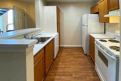 a kitchen with a stove a sink and a refrigerator