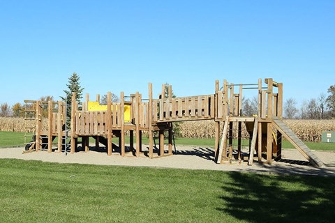 an elevated wooden playground in a park