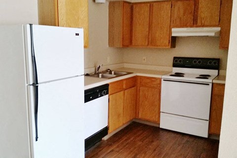 a kitchen with a stove refrigerator and sink