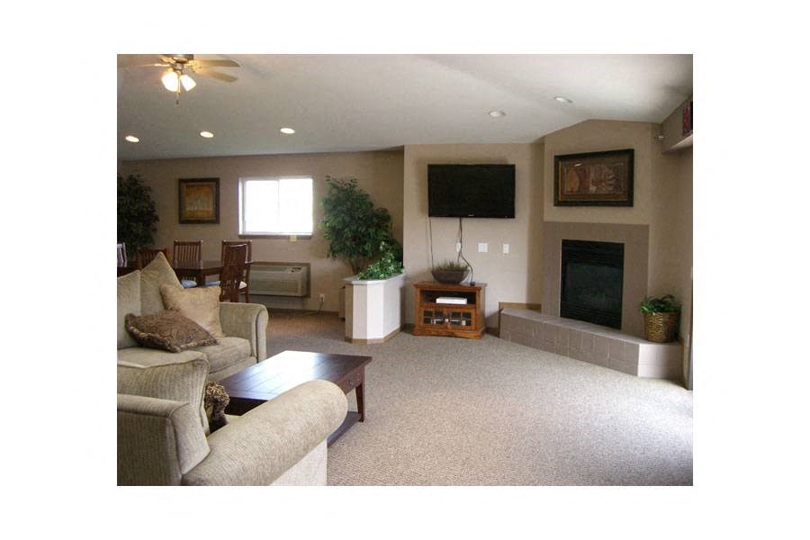 A living room with a couch, a coffee table, a plant, and a fireplace.