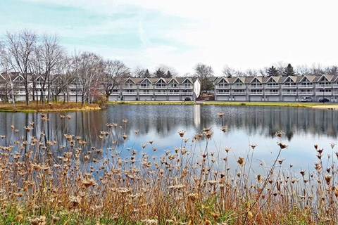 A lake with a building in the background and dry grass in the foreground.