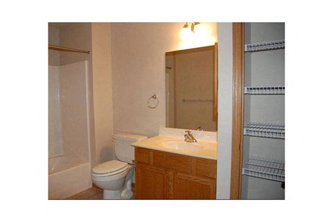 A bathroom with a toilet, sink, and mirror.