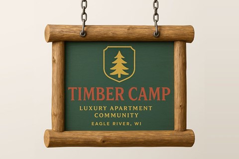 A sign for Timber Camp reads "Luxury Apartment Community Eagle River, WI.".