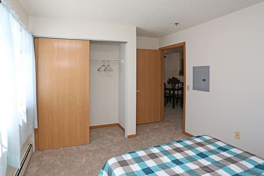 a bedroom with a bed and a closet