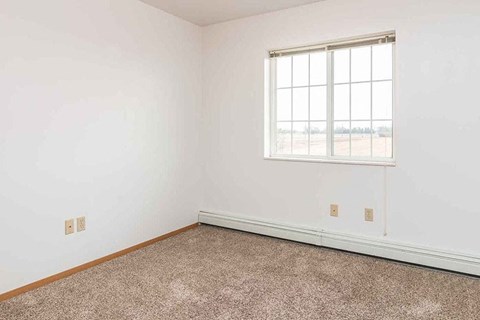 an empty room with a window and carpet