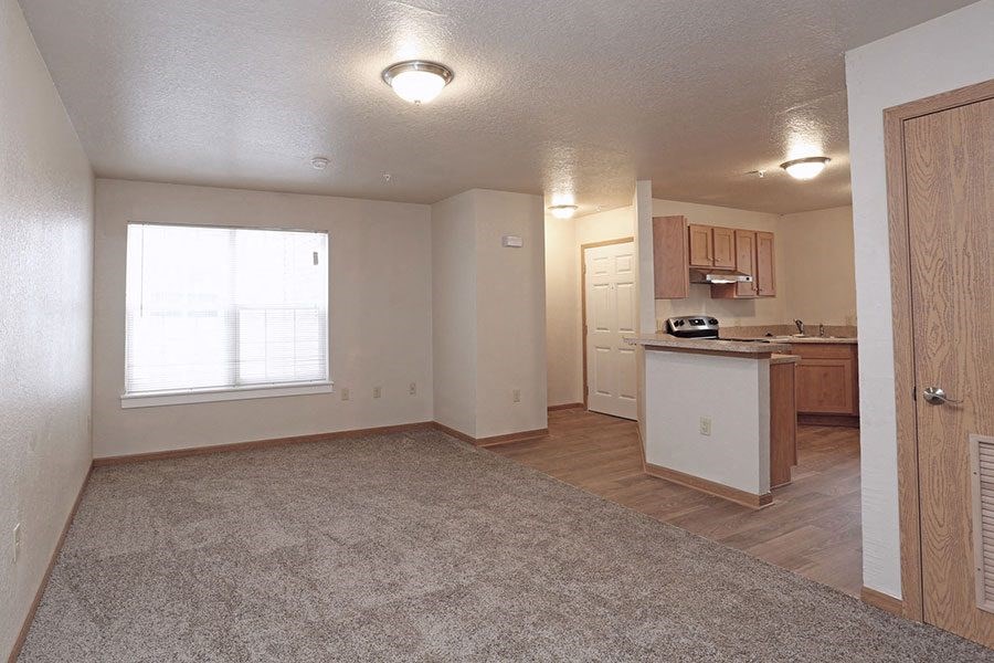 an empty living room and a kitchen with a sink