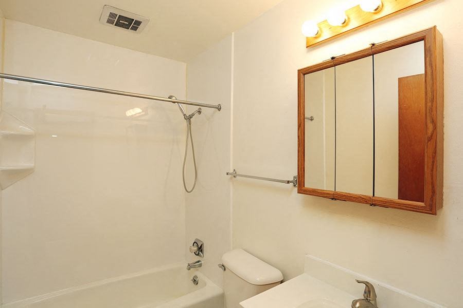 a bathroom with a shower and a sink and a mirror