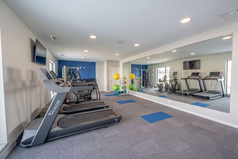 A gym with treadmills and exercise equipment.