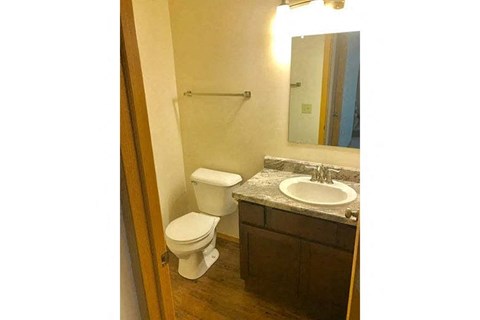 a bathroom with a toilet sink and a mirror