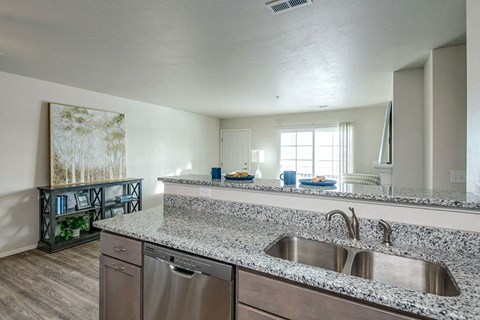 a kitchen with stainless steel appliances and a granite counter top