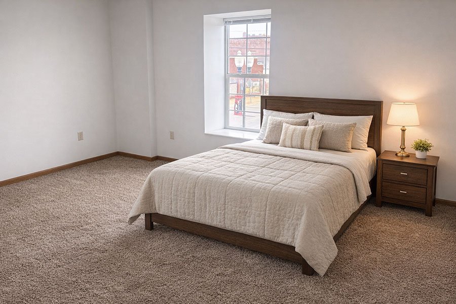 A bedroom with a bed, nightstand, and window.