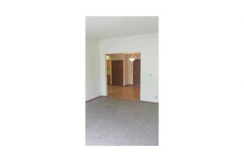 an empty living room with a carpeted floor