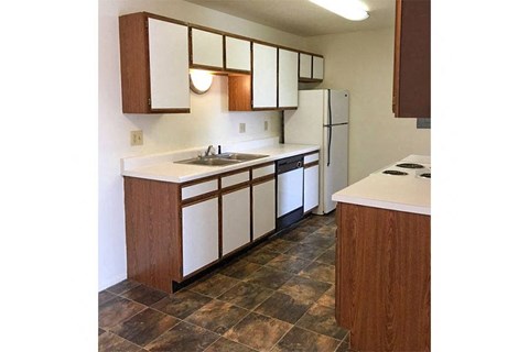 a kitchen with a sink and a refrigerator