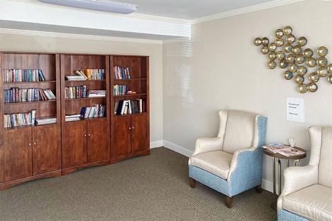 a living room with two chairs and a book shelf