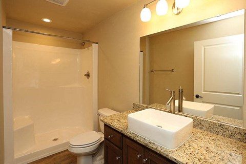 A bathroom with a sink, toilet, and shower.
