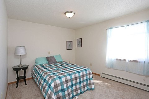 a bedroom with a bed and a window