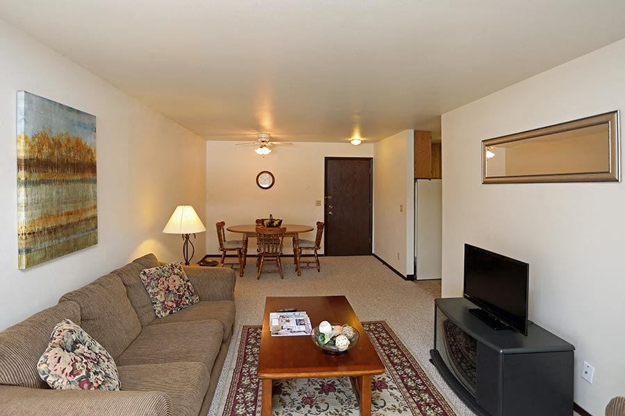 a living room with a couch and a television