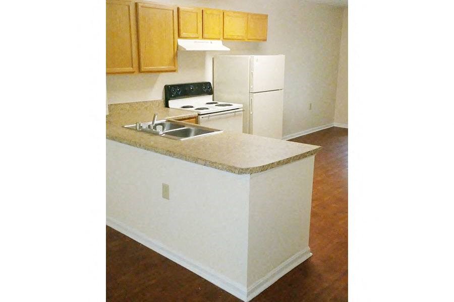 a kitchen with a sink and a stove and a refrigerator
