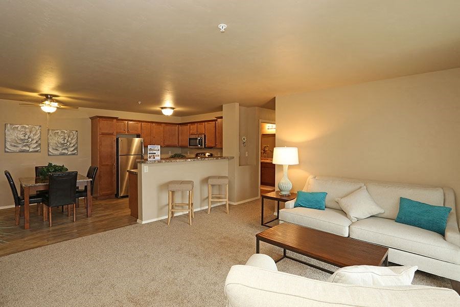 a living room with a couch and a table