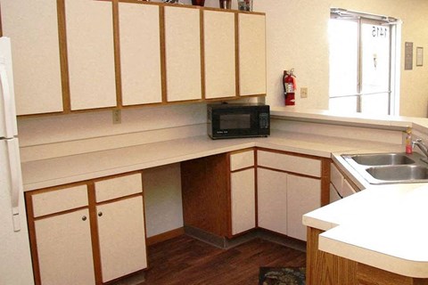 a kitchen with white cabinets and a sink and a microwave