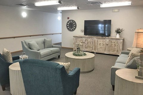 A living room with a grey sofa, a blue armchair, and a wooden cabinet.