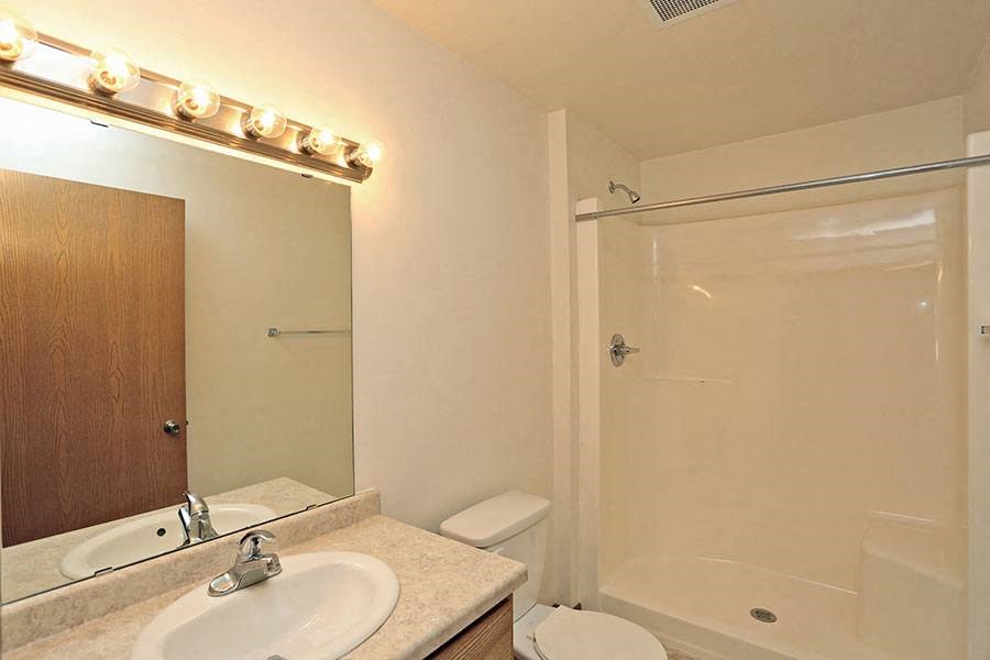 a bathroom with a sink toilet and a shower