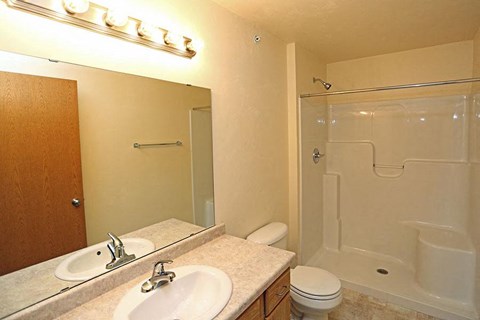 a bathroom with a sink toilet and a shower