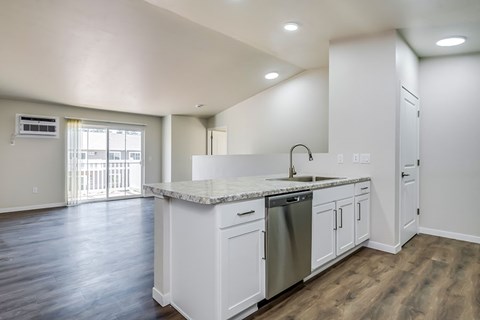 A kitchen with a sink and a dishwasher.