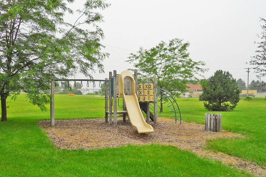 a playground with a slide in a park