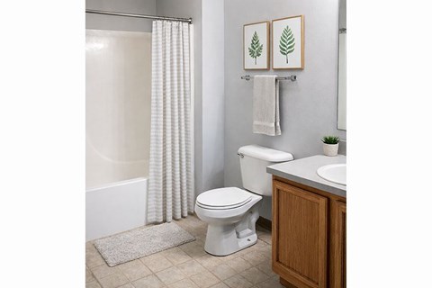 A white toilet sits next to a white bathtub in a bathroom.