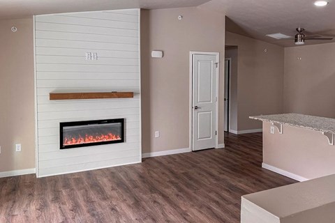 A room with a fireplace and a door.