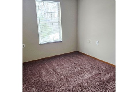 A room with a window and a carpeted floor.