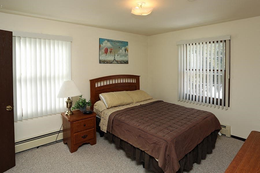 a bedroom with a bed and two windows