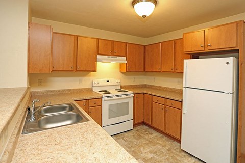 a kitchen with a stove refrigerator and a sink