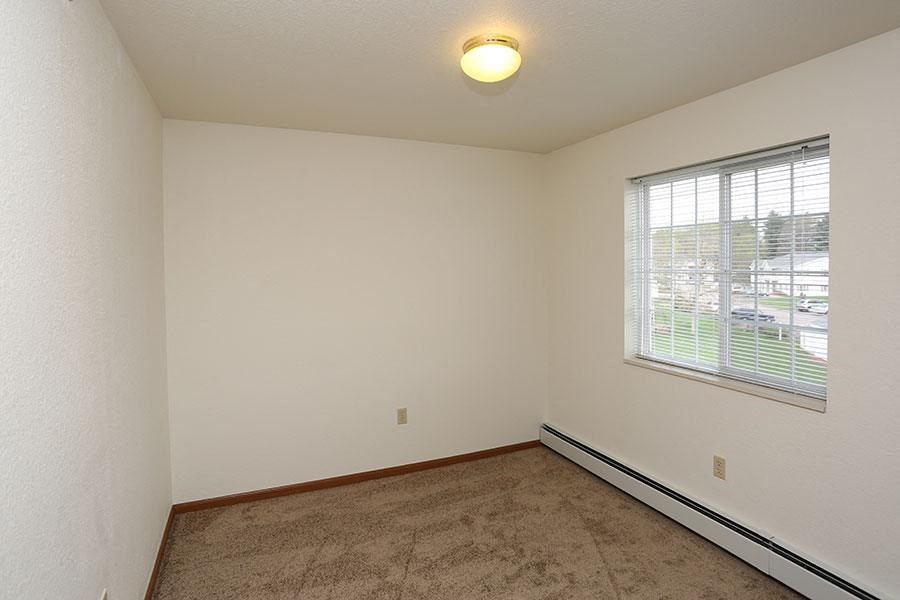 an empty living room with a window and carpet