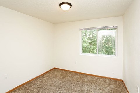 A room with a window and carpeted floor.