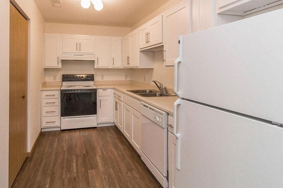a white kitchen with a stove and a refrigerator