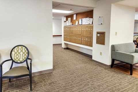 A room with a chair, a sofa and a cabinet with drawers.