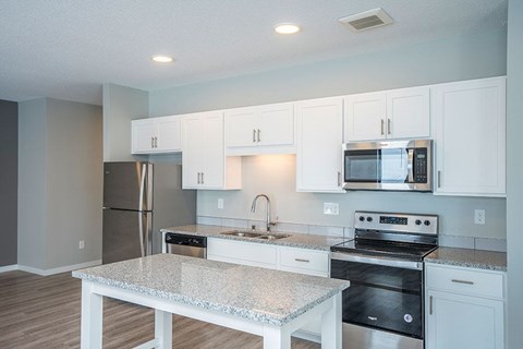 A kitchen with a granite countertop and stainless steel appliances.