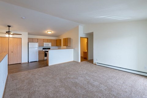 an empty living room with a kitchen and a rug