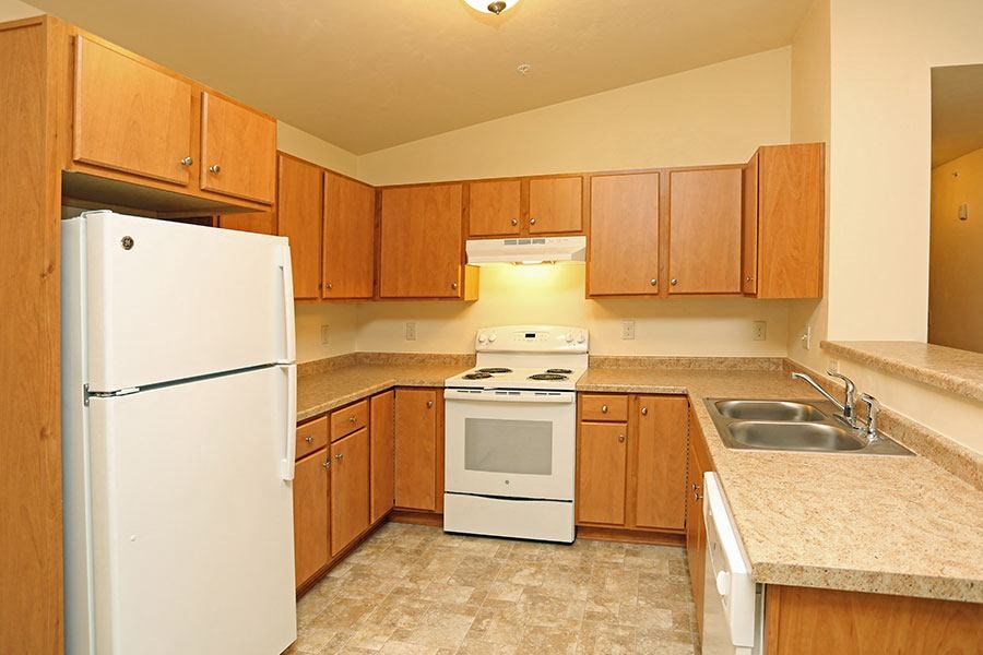 a kitchen with a stove refrigerator and a sink