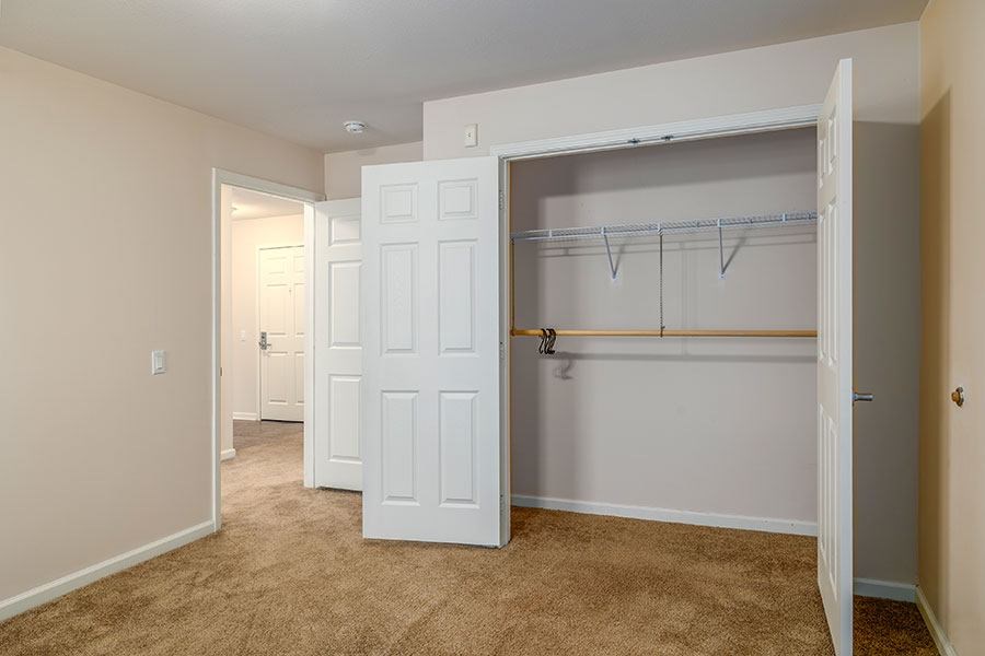 A white closet with a carpeted floor and a white door.