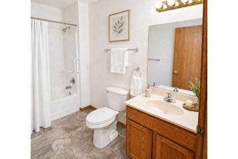 A bathroom with a toilet, sink, and shower.