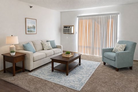 A living room with a couch, chair, and coffee table.
