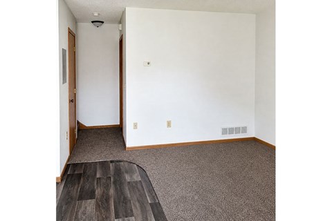 A room with a white wall and a brown door.