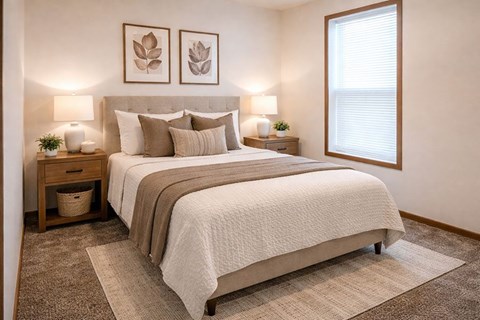 A bedroom with a large bed and two lamps on either side of the bed.