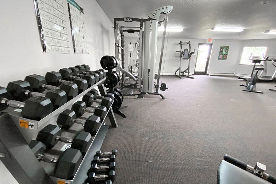 a gym with a bunch of dumbbells in it