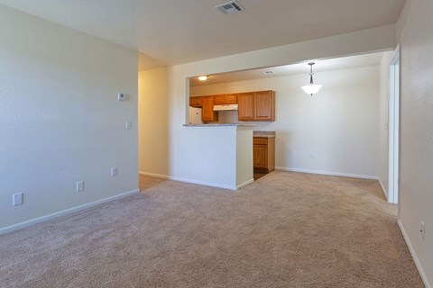 A spacious living room with a kitchenette in the background.